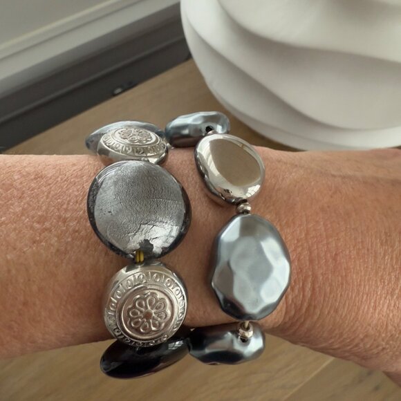 Vtg Chunky Gunmetal Black Silver Beaded Necklace Matching Set Stretch Bracelets - Picture 7 of 16